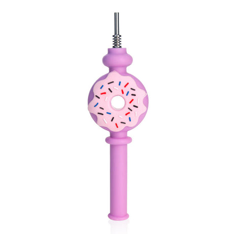 Purple Donut Honey Straw Silicone Nectar Collector, 6.8 inches, front view with sprinkle details and metal tip.