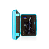 Blue Cyclone Loop WigWag Neck Recycler Rig packed in a protective hard case with quartz banger and dab tool slots.