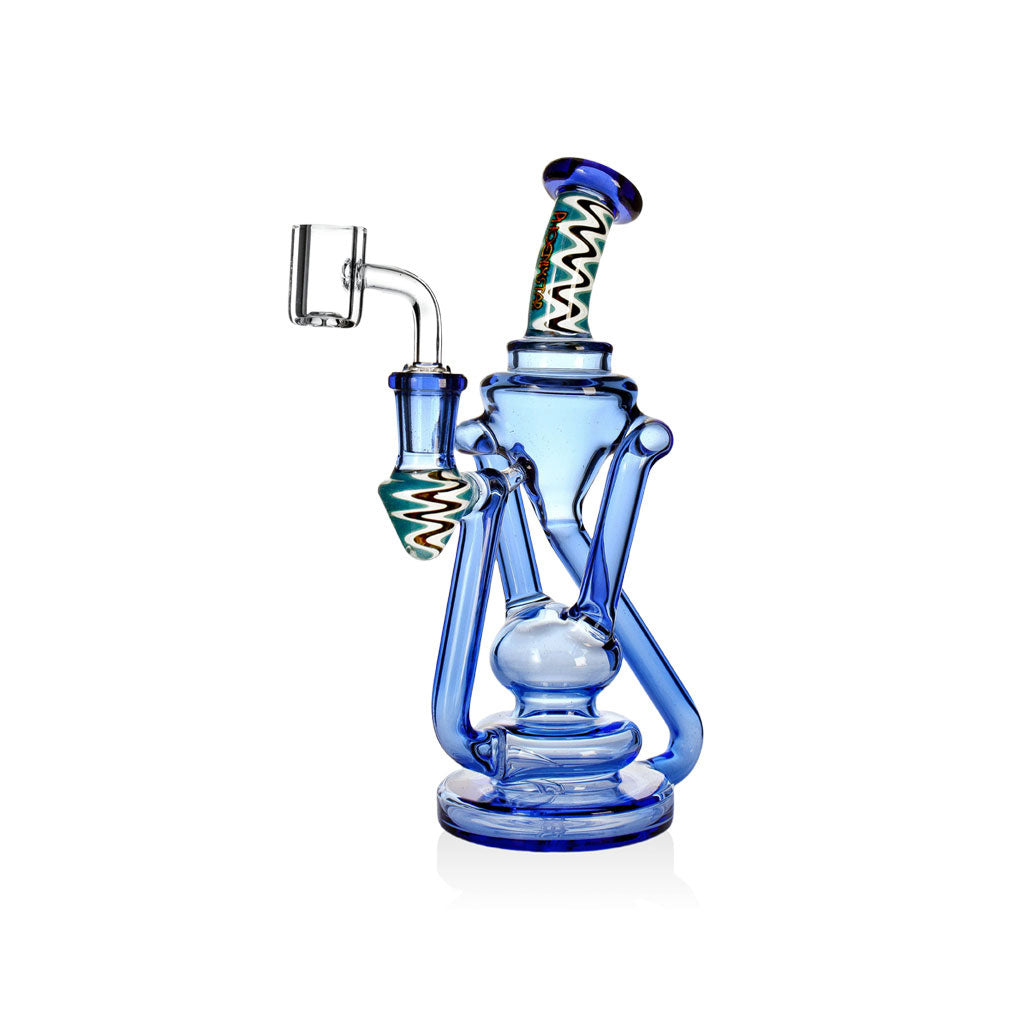 Blue 7.8-inch Cyclone Loop recycler rig with wigwag mouthpiece, dual recycler arms, and included quartz banger.