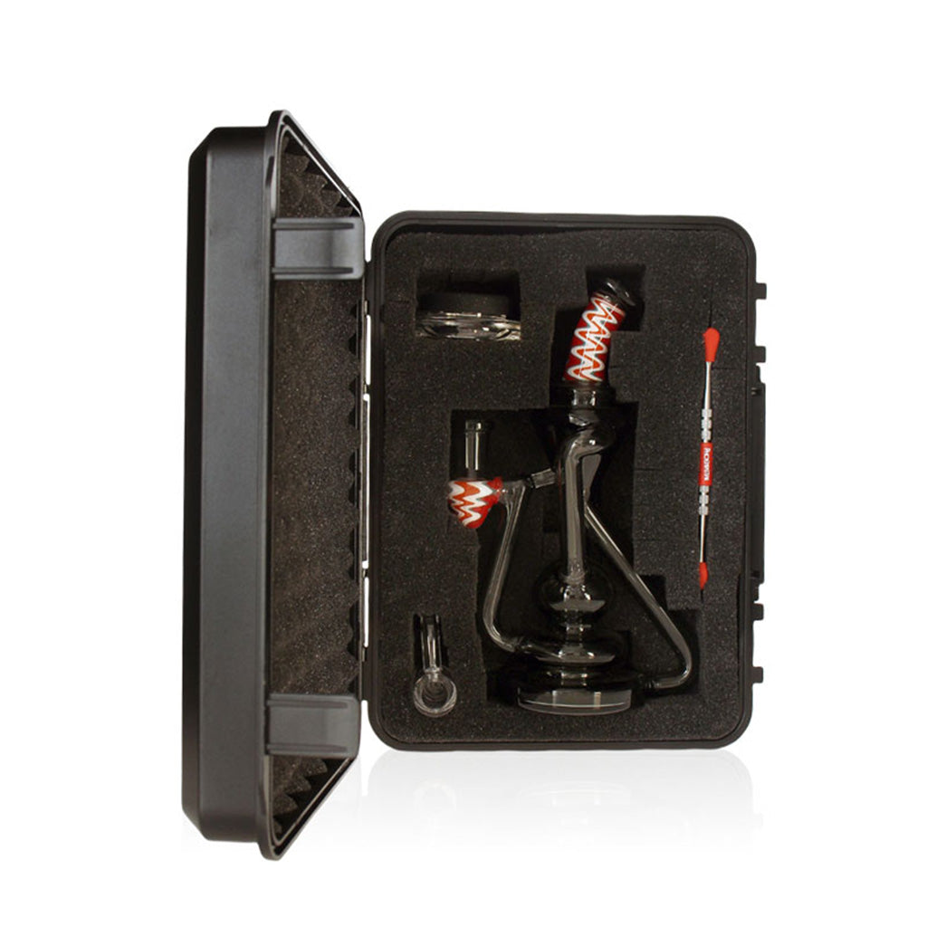 Gray Cyclone Loop WigWag Neck Recycler Rig packed in a protective hard case with quartz banger and dab tool slots.