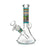 Vibrant Psychedelic Designs Beaker Bong in aqua, 7 inches tall, clear glass with a patterned neck band
