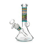 Vibrant Psychedelic Designs Beaker Bong in aqua, 7 inches tall, clear glass with a patterned neck band