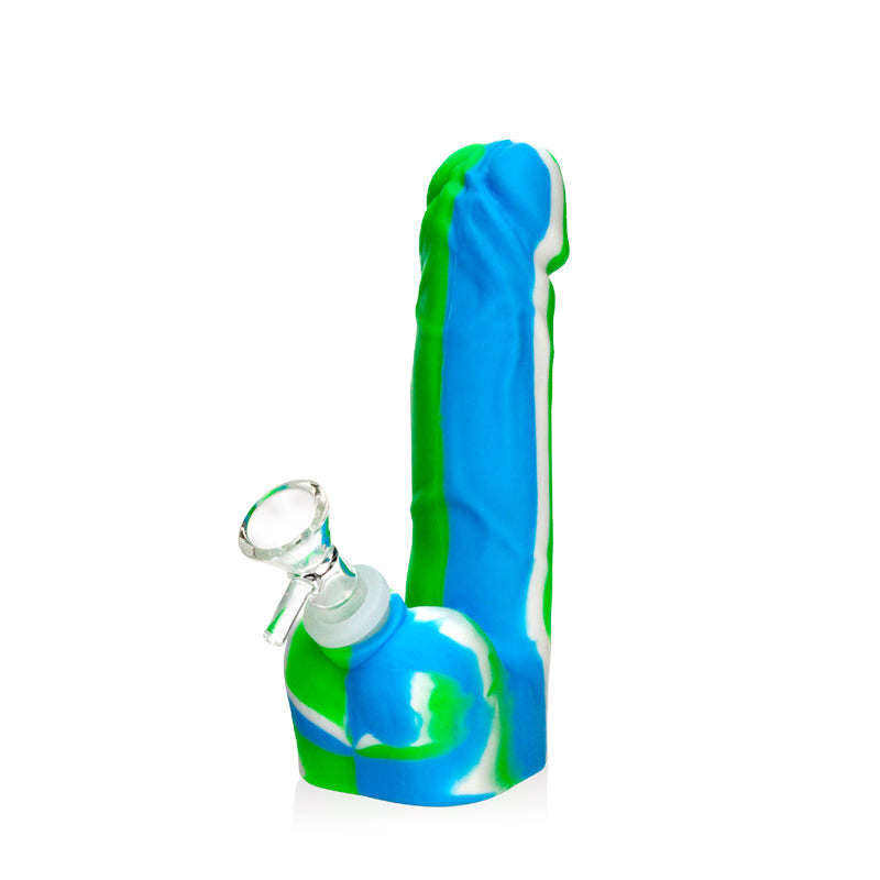 Blue-green-white Silicone Dick Bong, 7-inch, side view highlighting the curved base and joint.