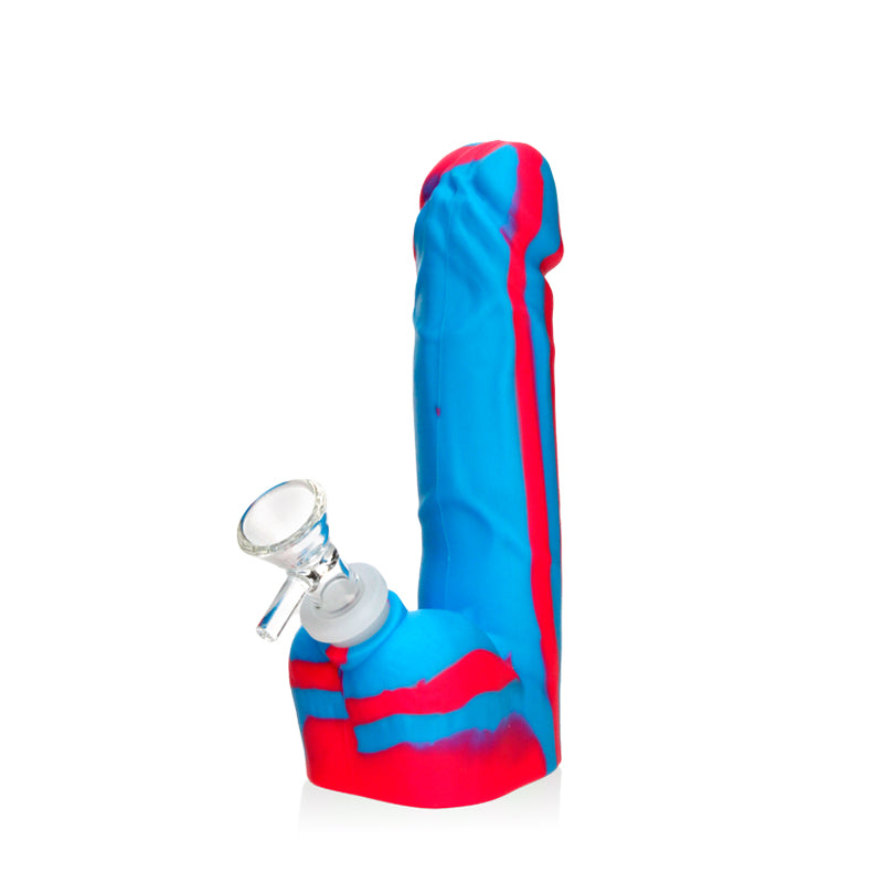 Blue-red Silicone Dick Bong, 7-inch, close-up of the bowl, and colorful striped silicone finish.