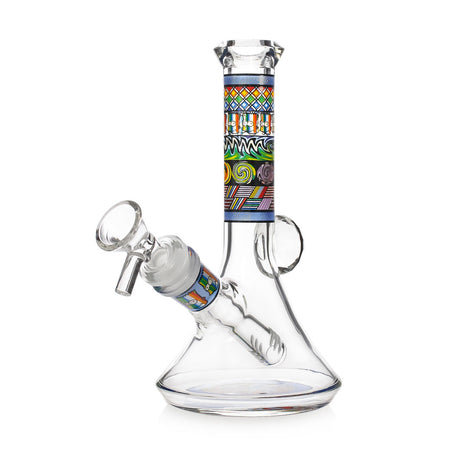 Vibrant Psychedelic Designs Beaker Bong in green, 7 inches tall, clear glass with a patterned neck band