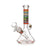 Vibrant Psychedelic Designs Beaker Bong in orange, 7 inches tall, clear glass with a patterned neck band