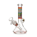 Vibrant Psychedelic Designs Beaker Bong in orange, 7 inches tall, clear glass with a patterned neck band