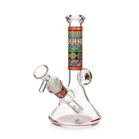 Vibrant Psychedelic Designs Beaker Bong in orange, 7 inches tall, clear glass with a patterned neck band