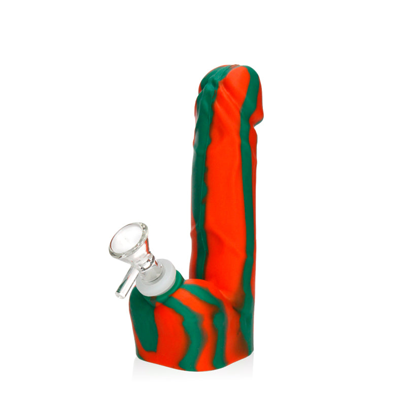 Orange-green Silicone Dick Bong, 7-inch, upright with dark green streaks and a clear glass bowl.