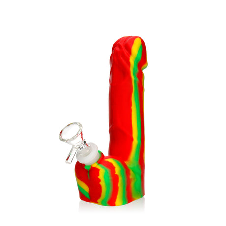 Rasta Silicone Dick Bong, 7-inch, with a clear glass bowl at the base; bold red, yellow, and green swirls.