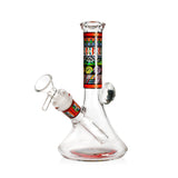 Vibrant Psychedelic Designs Beaker Bong in red, 7 inches tall, clear glass with a patterned neck band