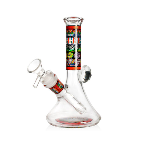 Vibrant Psychedelic Designs Beaker Bong in red, 7 inches tall, clear glass with a patterned neck band