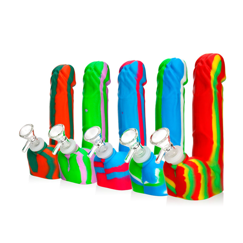 Lineup of 7-inch Silicone Dick Bongs in assorted colors (all variants), each with a clear glass bowl.