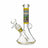 Vibrant Psychedelic Designs Beaker Bong in yellow, 7 inches tall, clear glass with a patterned neck band