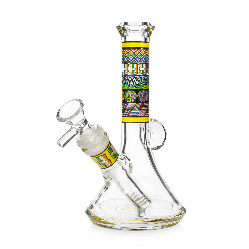 Vibrant Psychedelic Designs Beaker Bong in yellow, 7 inches tall, clear glass with a patterned neck band