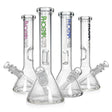 Group shot of Phoenix Star 8.6-inch beaker bongs in assorted logo colors, each with a glass downstem and beaker base.