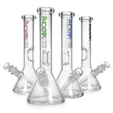 Group shot of Phoenix Star 8.6-inch beaker bongs in assorted logo colors, each with a glass downstem and beaker base.