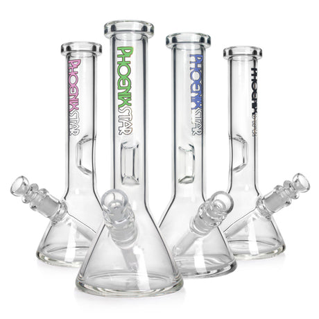 Group shot of Phoenix Star 8.6-inch beaker bongs in assorted logo colors, each with a glass downstem and beaker base.