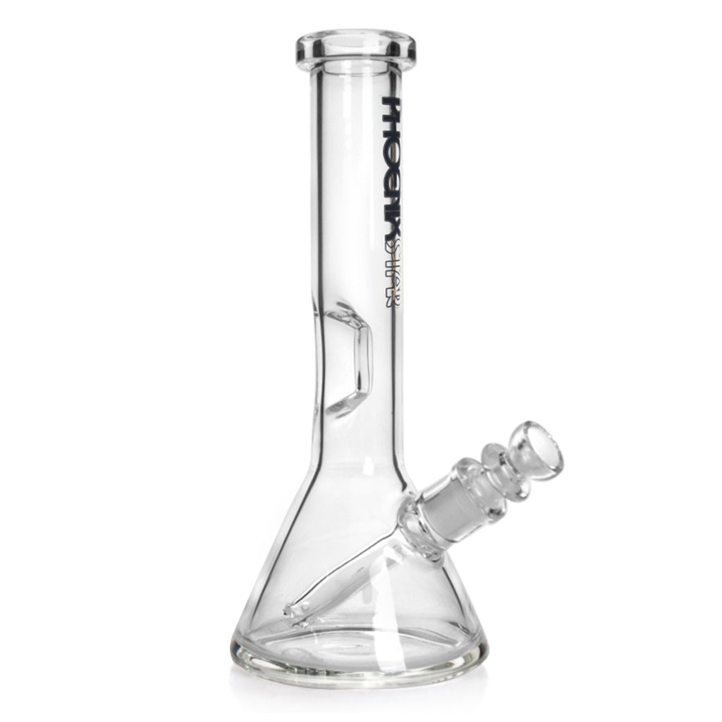 A clear view of the 8.6-inch Phoenix Star beaker bong with black logo, showing the diffused downstem and ice pinch. 