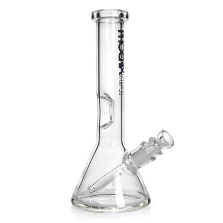 A clear view of the 8.6-inch Phoenix Star beaker bong with black logo, showing the diffused downstem and ice pinch. 