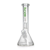 Full product shot of the clear glass 8.6-inch Phoenix Star beaker bong with removable downstem and green logo
