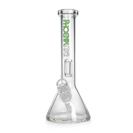 Full product shot of the clear glass 8.6-inch Phoenix Star beaker bong with removable downstem and green logo