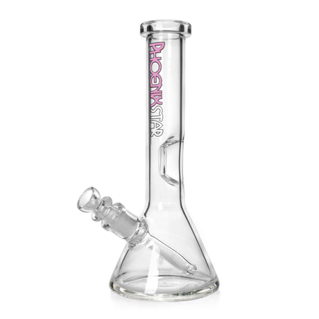 Full product shot of the clear glass 8.6-inch Phoenix Star beaker bong with removable downstem and pink logo