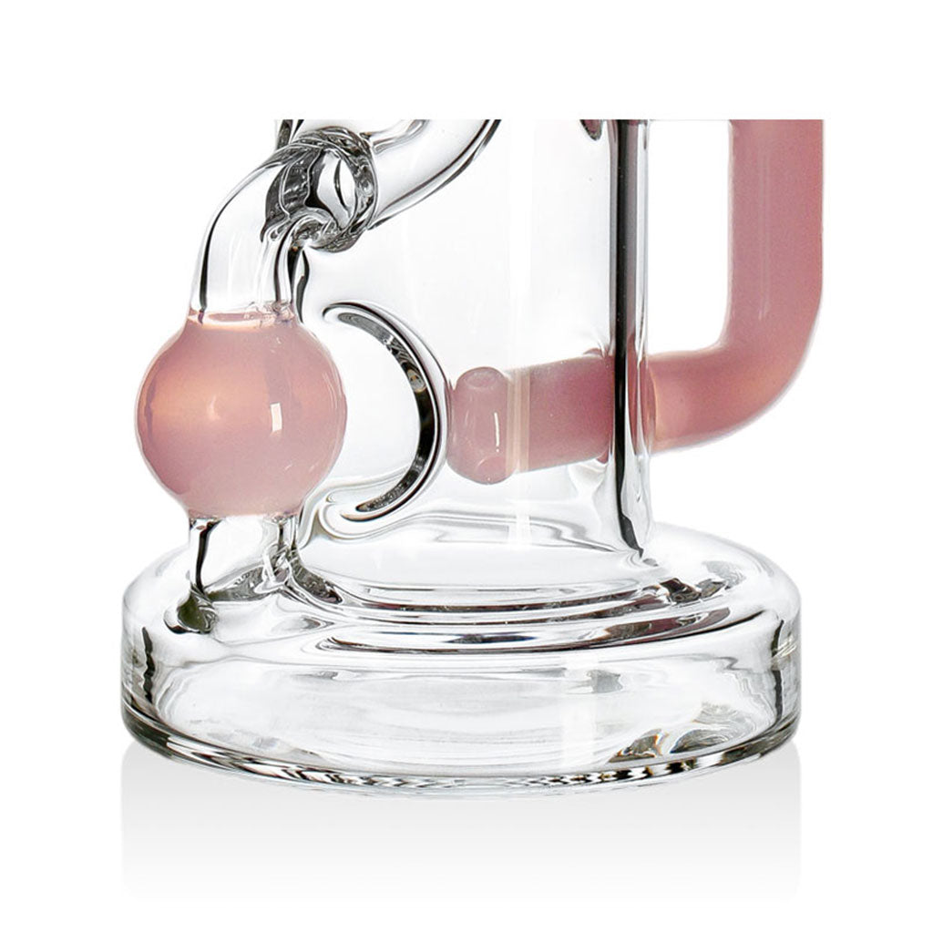 Base and recycler ball closeup of the milk pink 8 Inch Color Accent Ball Glass Recycler Dab Rig