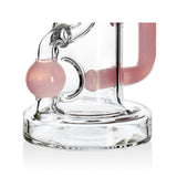 Base and recycler ball closeup of the milk pink 8 Inch Color Accent Ball Glass Recycler Dab Rig