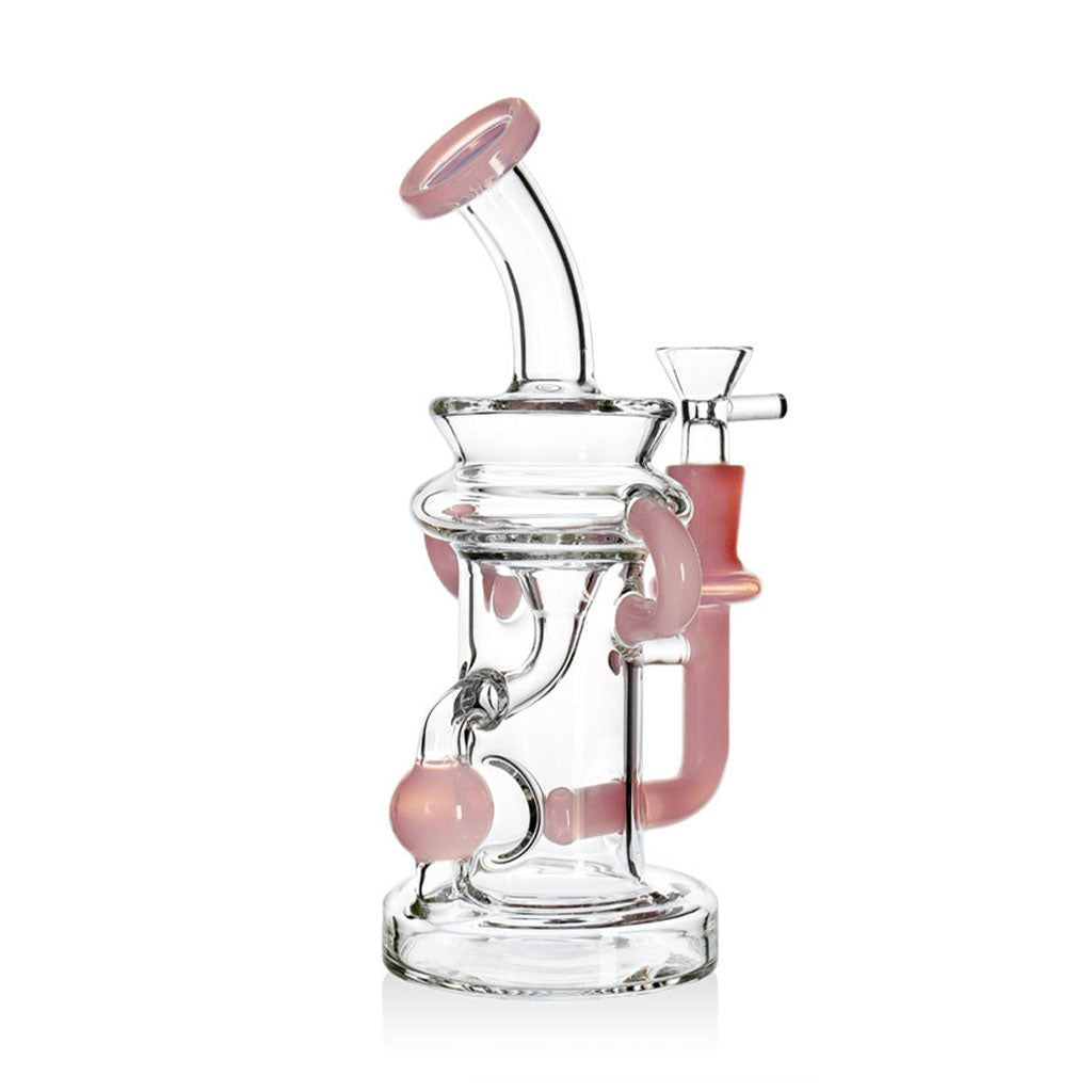 8 Inch Color Accent Ball Glass Recycler Dab Rig in milk pink with bent neck and matching colored recycler loops
