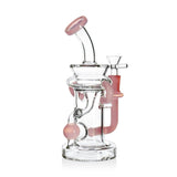 8 Inch Color Accent Ball Glass Recycler Dab Rig in milk pink with bent neck and matching colored recycler loops