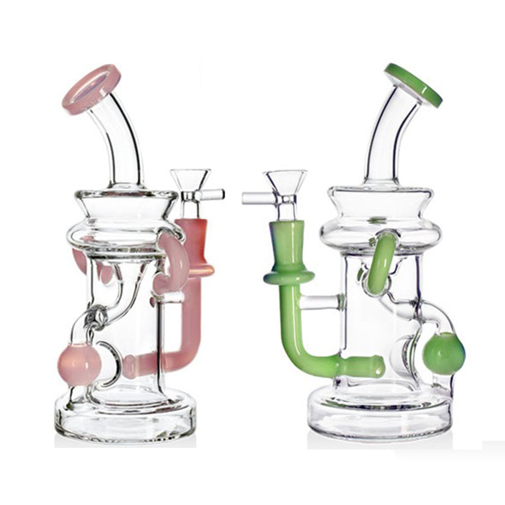 Side by side view of pink and green 8 Inch Color Accent Ball Glass Recycler Dab Rigs showing both color options