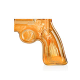 Close-up of the amber revolver bong grip and trigger area, showing the glossy glass finish.