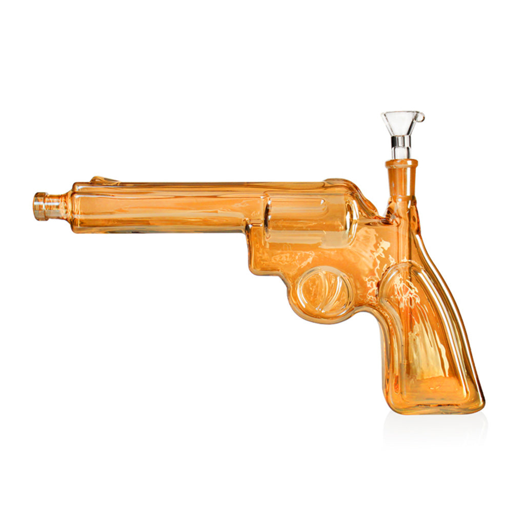 Amber Revolver-Inspired Short Gun Glass Bong, full side view with bowl at the rear and long barrel body. 