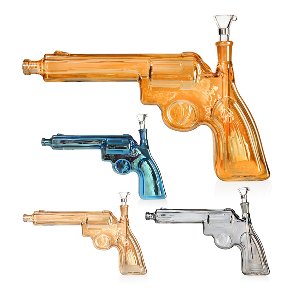 Group lineup of Revolver-Inspired Short Gun Glass Bongs in amber, blue and gray, all 9 inches tall. 