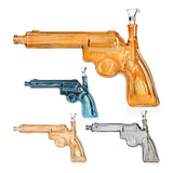 Group lineup of Revolver-Inspired Short Gun Glass Bongs in amber, blue and gray, all 9 inches tall. 
