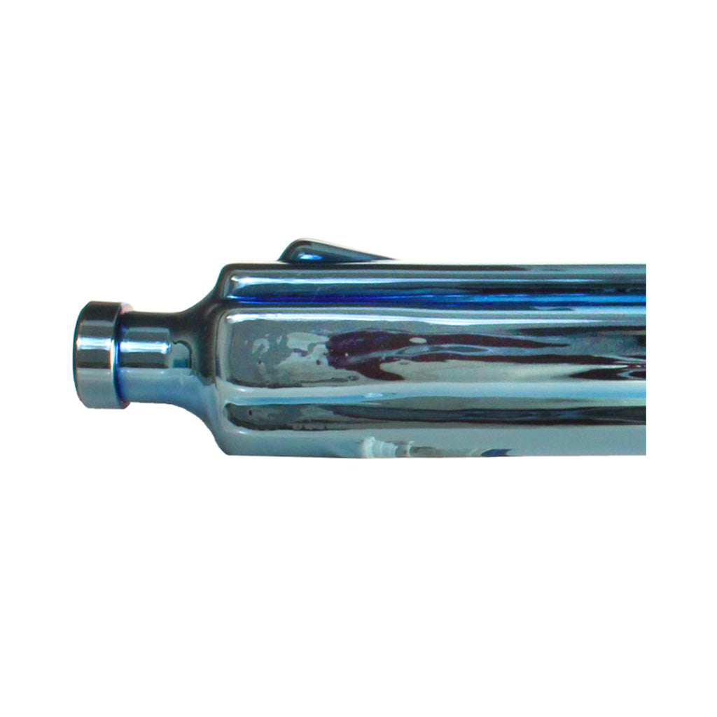 Detail of the blue revolver bong barrel and muzzle, highlighting the reflective glass.