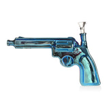 Blue Revolver-Inspired Short Gun Glass Bong, full view with chrome-like sheen and fixed bowl.