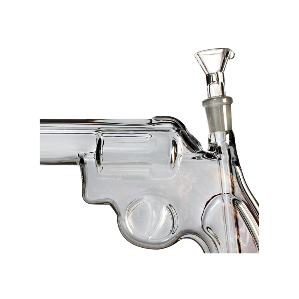 Close-up of the gray revolver bong body near the bowl joint, showing smooth contours.