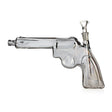 Gray Revolver-Inspired Short Gun Glass Bong, full profile with clear bowl and straight barrel.