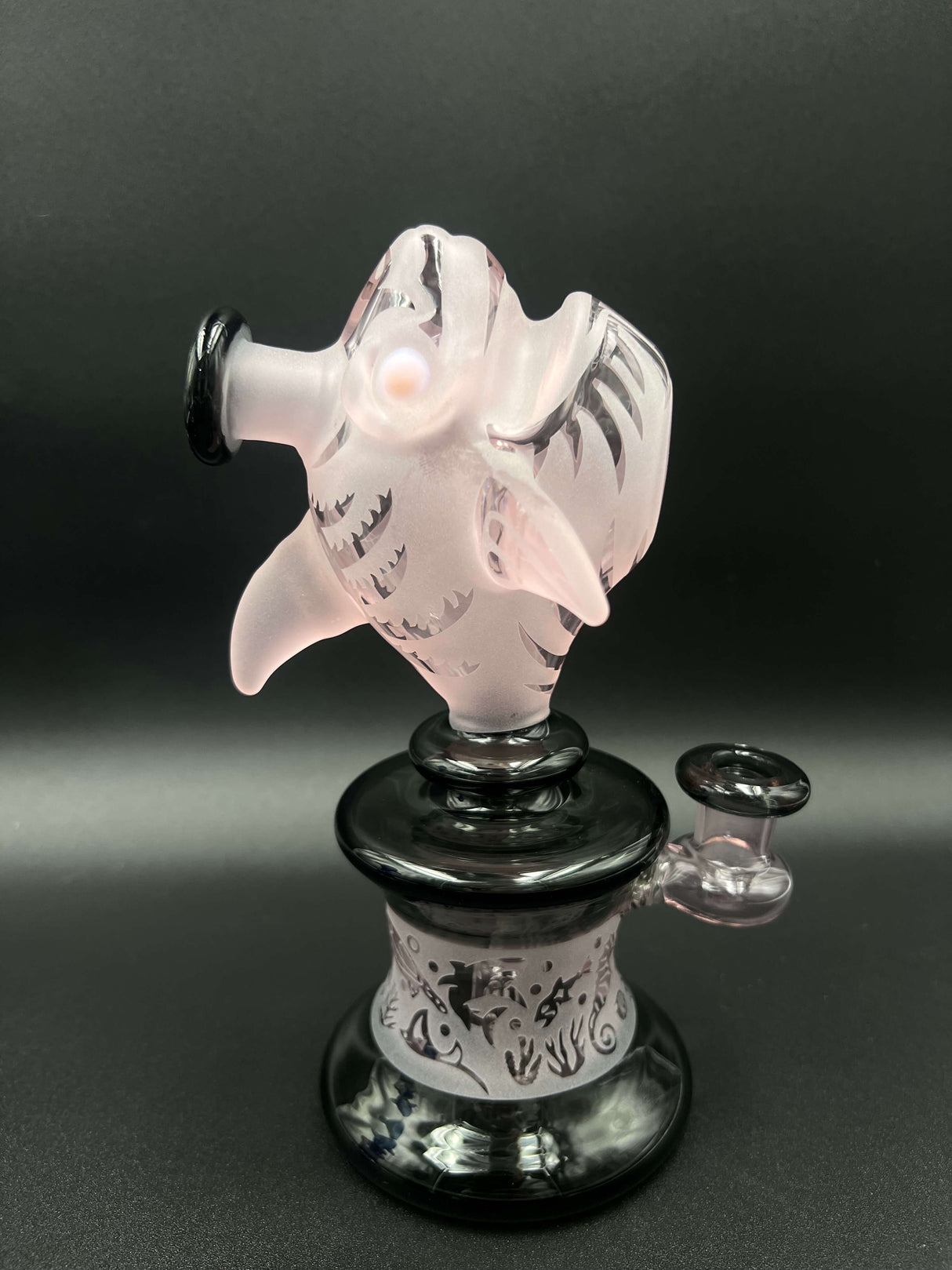 Feeding Time Etched Glass Shark Water Pipe - 8.25" / 14mm F / Colors Vary