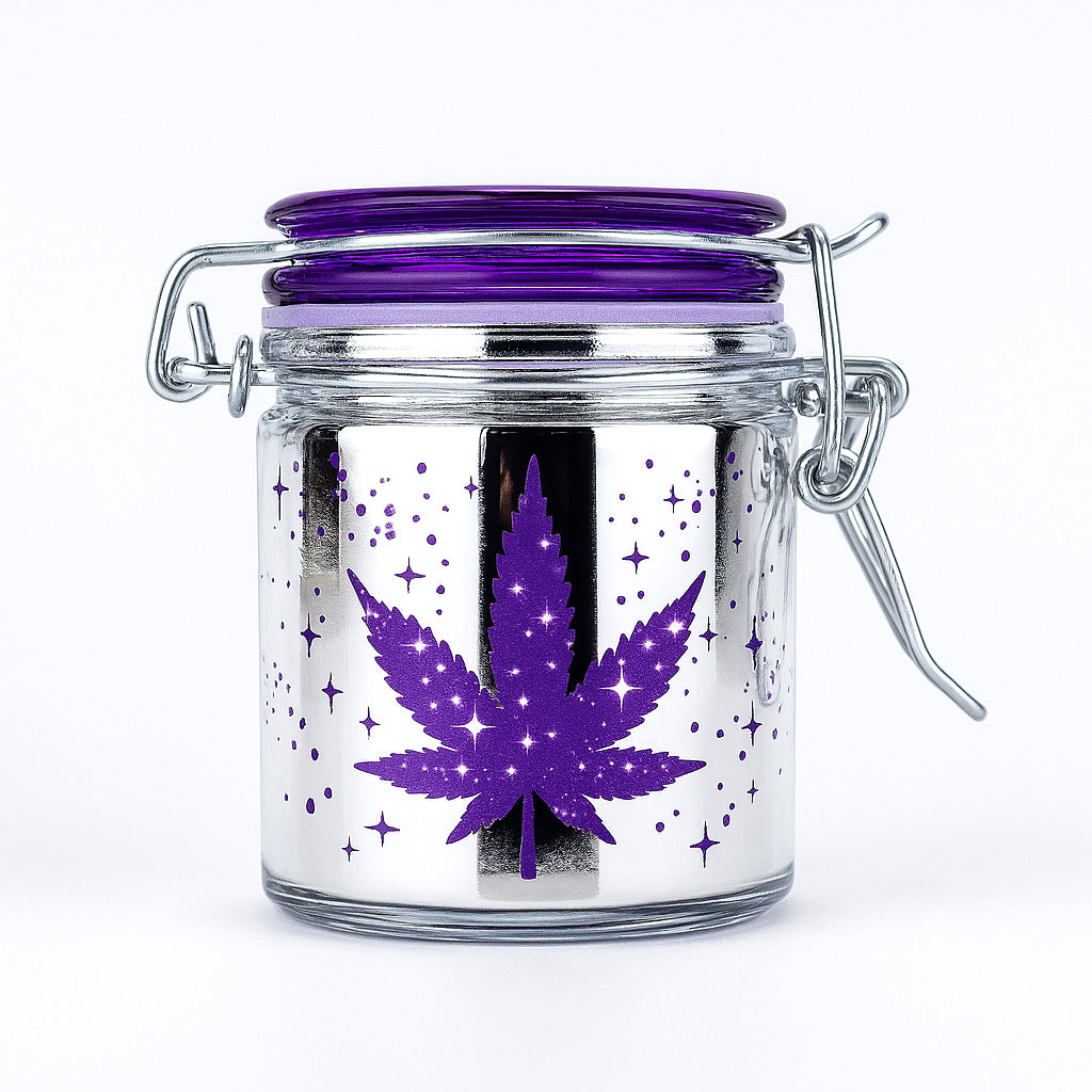 AIRTIGHT GLASS METALLIC SILVER/PURPLE LEAF GALAXY STORAGE JAR