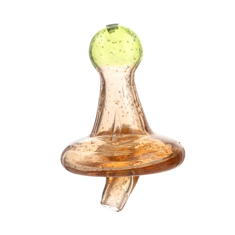 Fat Ass Glass amber glow in the dark directional carb cap shown upright with translucent amber glass body and green top