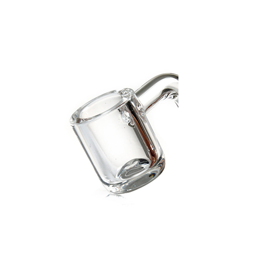  Angled closeup of durable thick quartz banger bucket, clear glass dab nail upgrade for rigs shoppers can purchase from Fat Ass Glass 