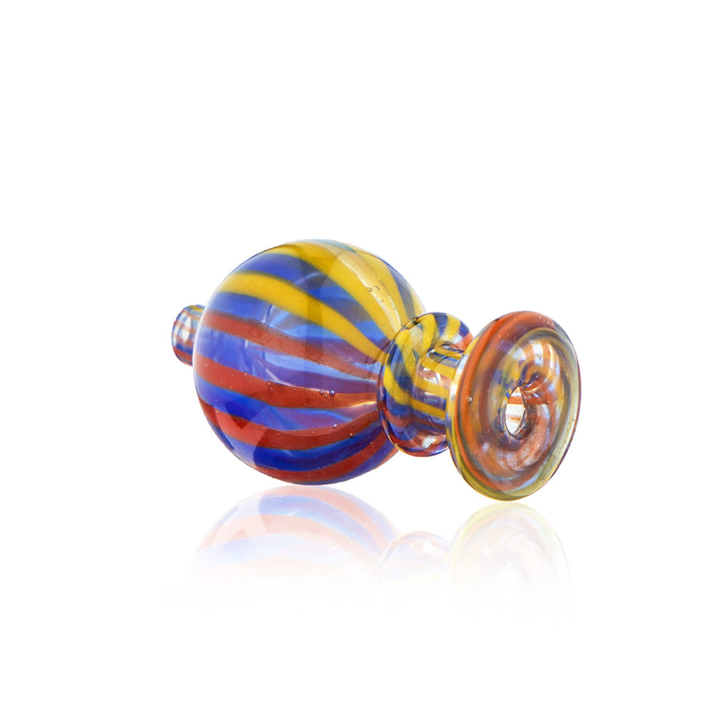 Assorted color striped glass bubble carb cap shown from side angle with round bubble body and flat top detail