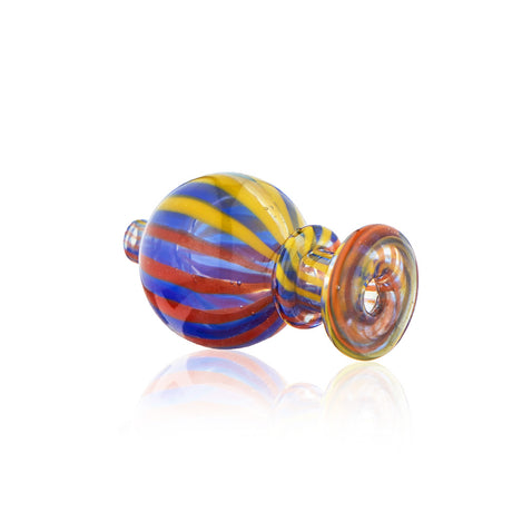 Assorted color striped glass bubble carb cap shown from side angle with round bubble body and flat top detail