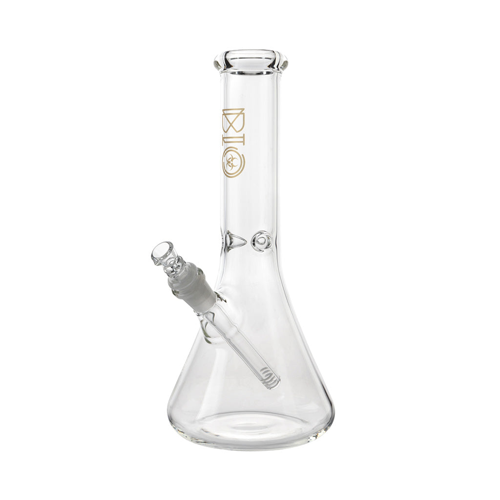 Angled View Of The Bio 50 X 5 Beaker Bong Featuring Classic Beaker Shape And Gold Bio Branding At FGC