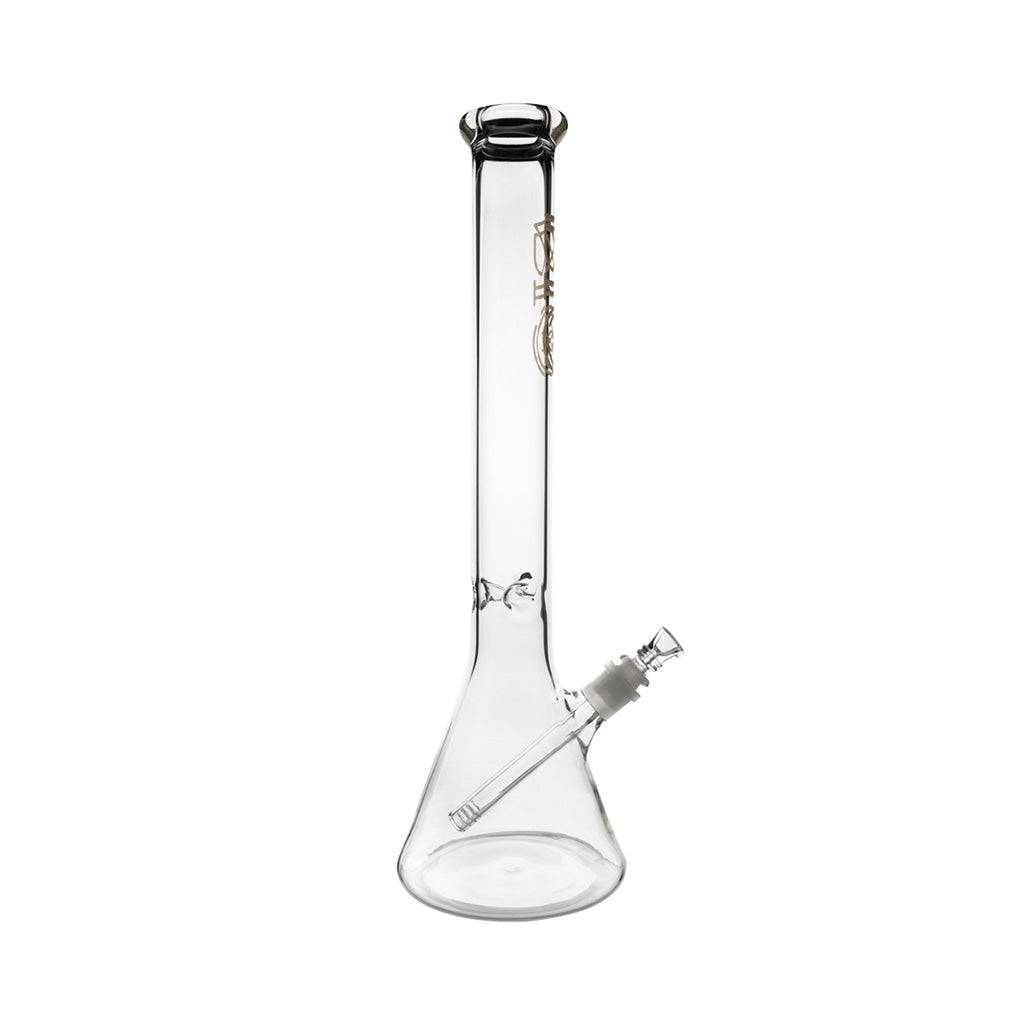 Angled Side View Of Bio 50 X 5 Beaker 18-Inch Bong In Gold Colors, Showcasing Clear Glass And Downstem Facing Left