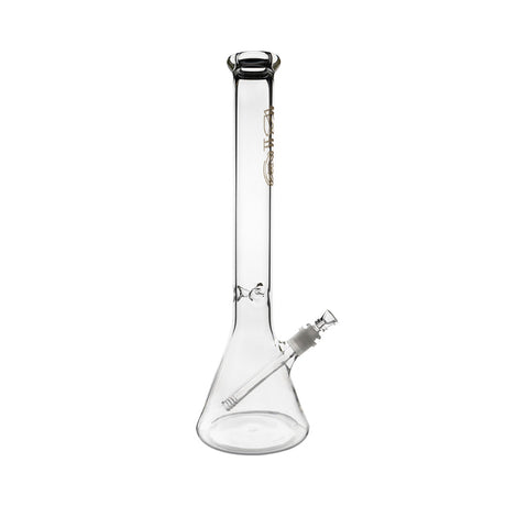 Angled Side View Of Bio 50 X 5 Beaker 18-Inch Bong In Gold Colors, Showcasing Clear Glass And Downstem Facing Left