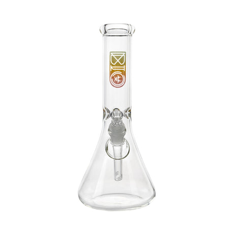 Front View Of Bio 50 X 5 Rasta Beaker Bong, Featuring 12-Inch Clear Glass Body With Logo Available At FGC